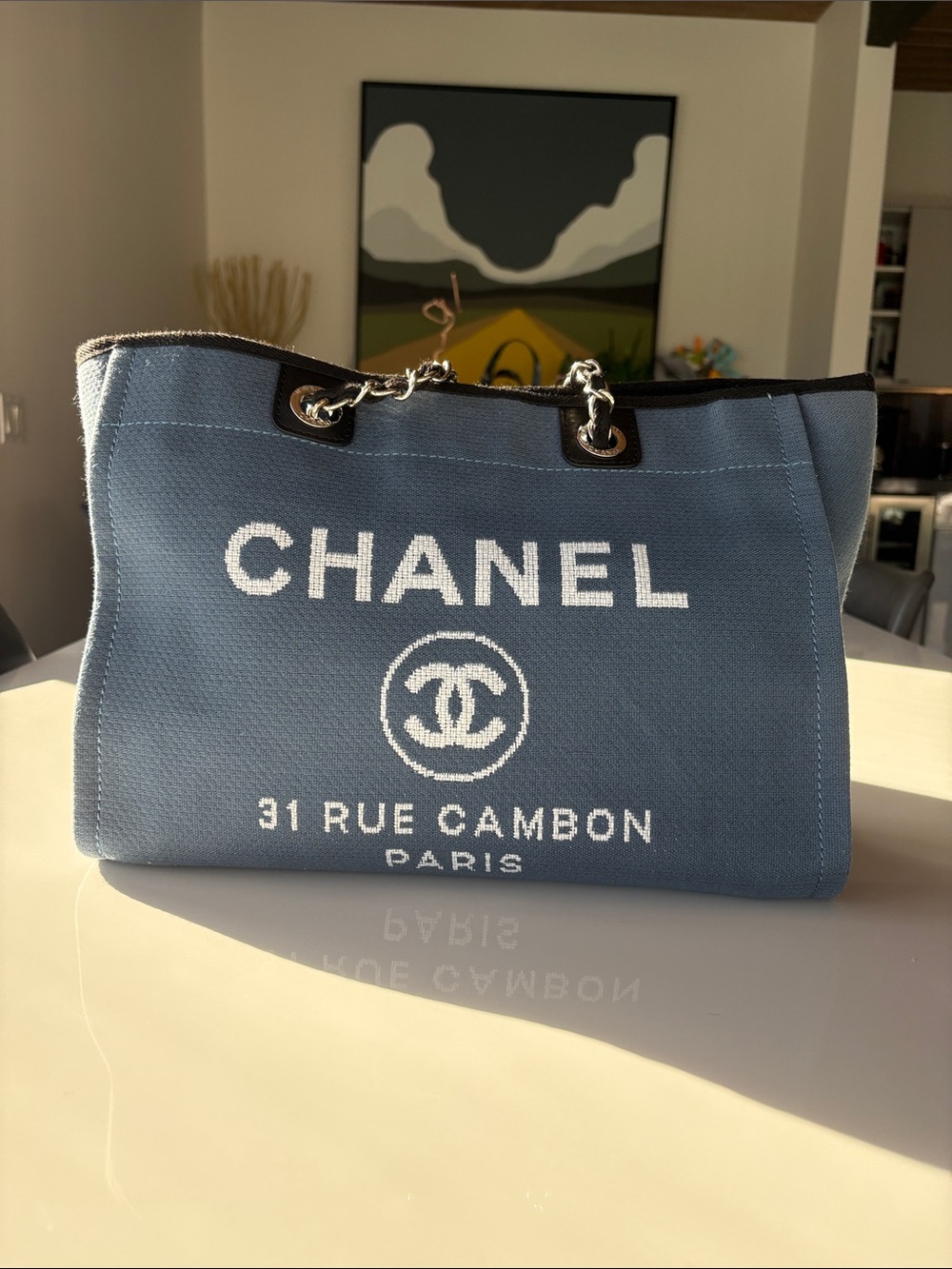Authentic CHANEL Deauville Canvas 31 Rue Cambon Tote with Chain-Trim Straps
